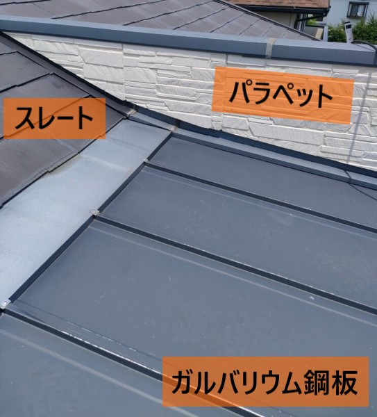 スレート屋根とガルバリウム複合の屋根　パラペットが取り付けられている